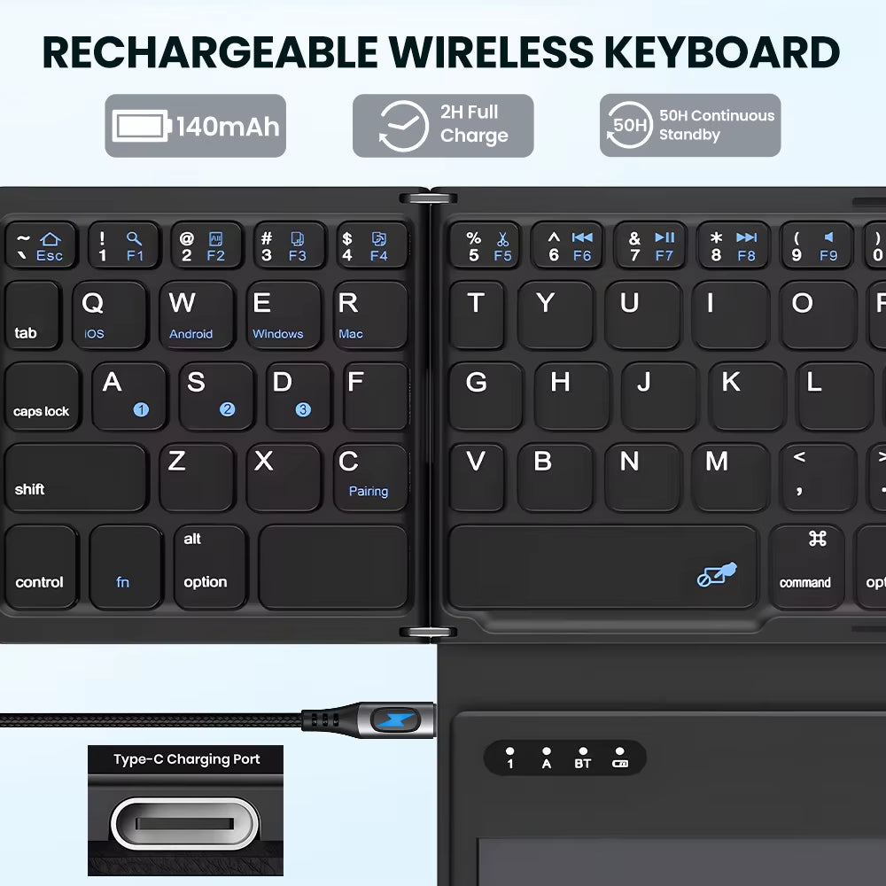 Teclado Bluetooth Plegable 4 en 1 con Touchpad — Ultra Portátil, Silencioso y Compatible con Windows, Android y iOS